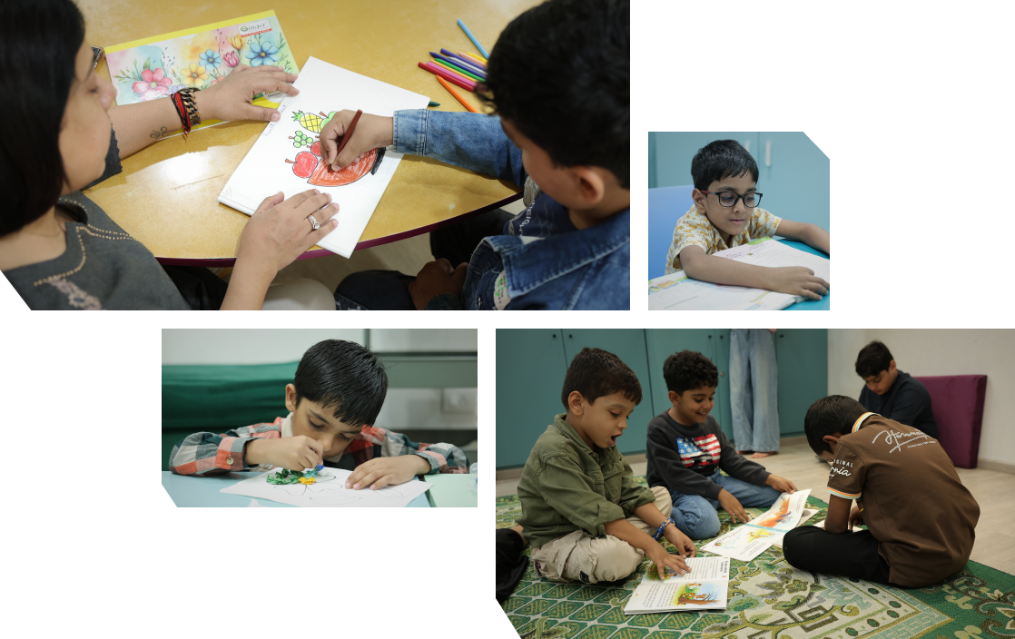 Scenes at Zack in Surat illustrating personalized instruction: a teacher giving tailored lessons to meet each child’s needs, a young boy learning to draw at a table, another boy concentrating on improving his reading skills, and a small group of children quietly reading books together in the library room.