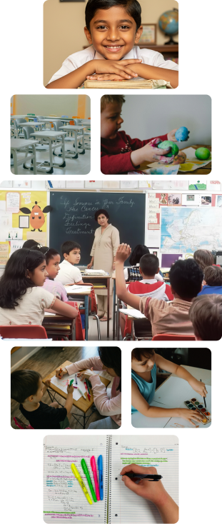 Scenes from Zack, Surat: students reading quietly in an air‑conditioned classroom and writing tuition tests; children learning dance and developing performing skills; a small child learning to draw at Zack’s personalized learning center; a child receiving speech therapy; a teacher instructing a small tuition group; and Mrs. Jaanvi Devnani proudly surrounded by children holding winning trophies — all showing engaged, supported learning across academics, arts, and therapy.